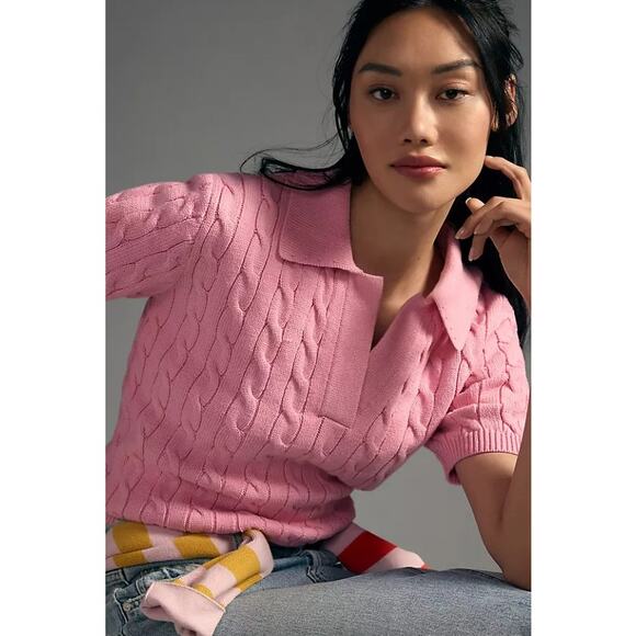 Grey Lab Anthropologie Cable-knit Polo Sweater Tee In Pink, S Tennis Pickleball - Picture 1 of 8